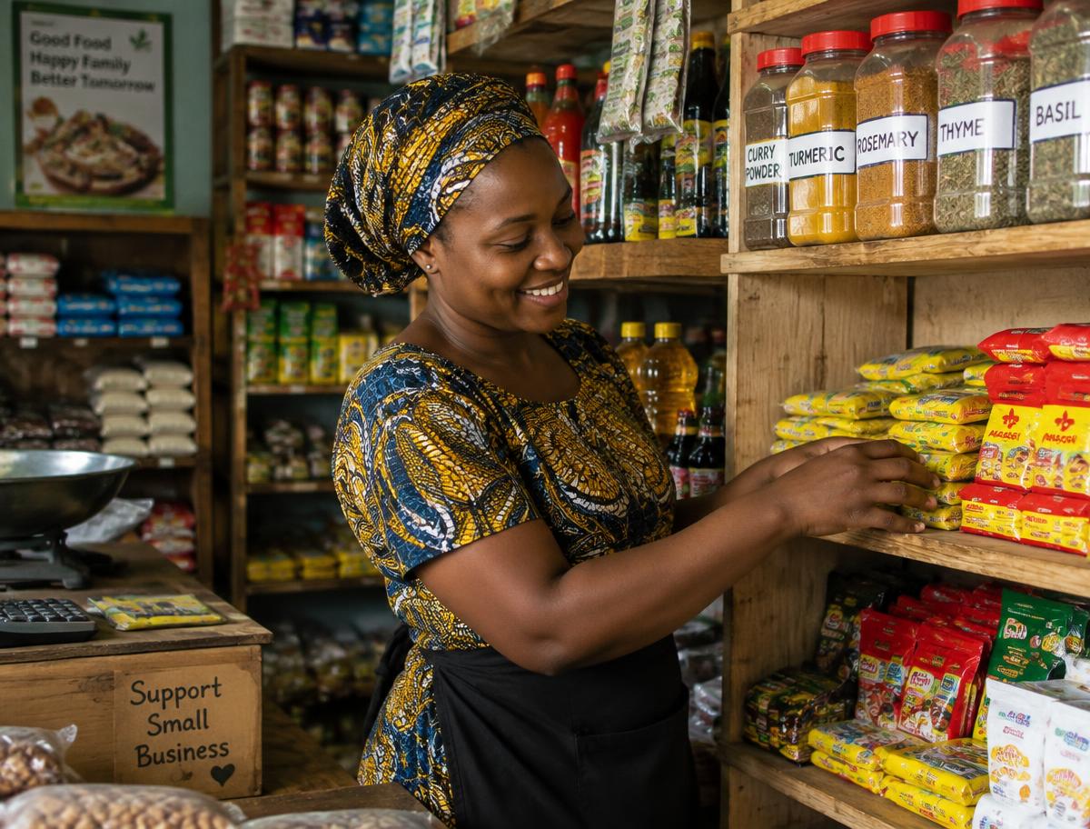 A Nigerian grocery owner arranging products on shelves